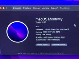 Apple iMac17,1 AIO 27" LCD Quad Intel i5-6500 3.2GHz 16GB 1TB Wifi Bt AMD Radeon 2GB Monterey - 2015