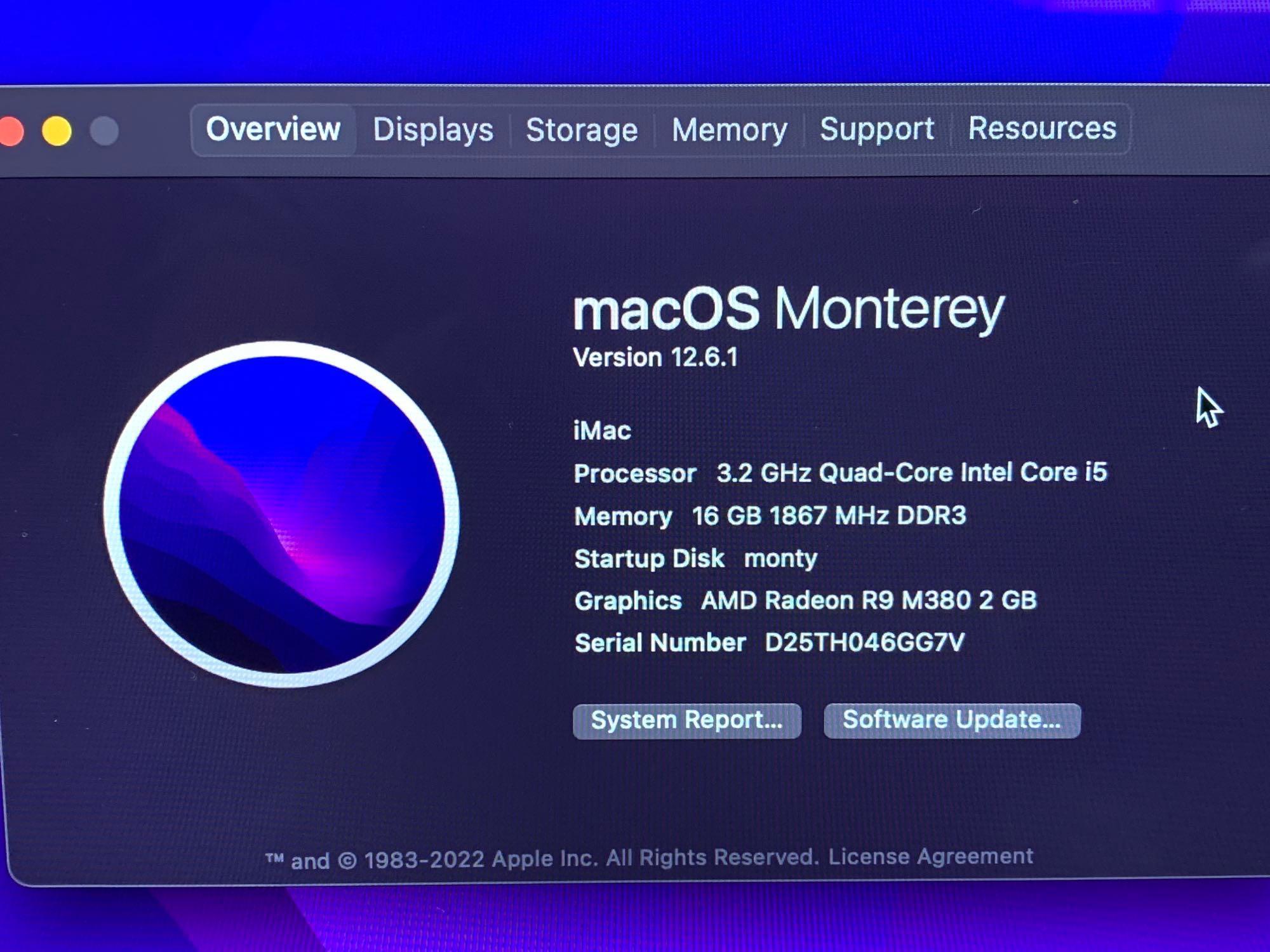 Apple iMac17,1 AIO 27" LCD Quad Intel i5-6500 3.2GHz 16GB 1TB Wifi Bt AMD Radeon 2GB Monterey - 2015