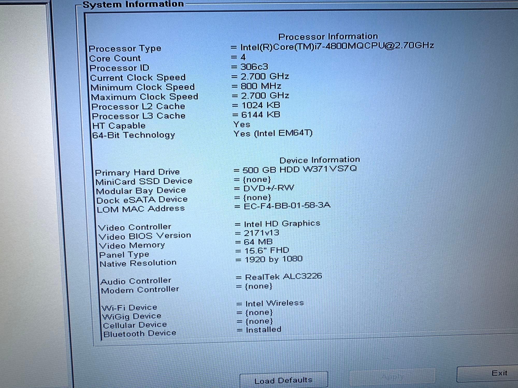 Dell Latitude E6540 Intel i7-4800 2.7GHz 8GB 320GB Wifi Bt HDMI Win 10