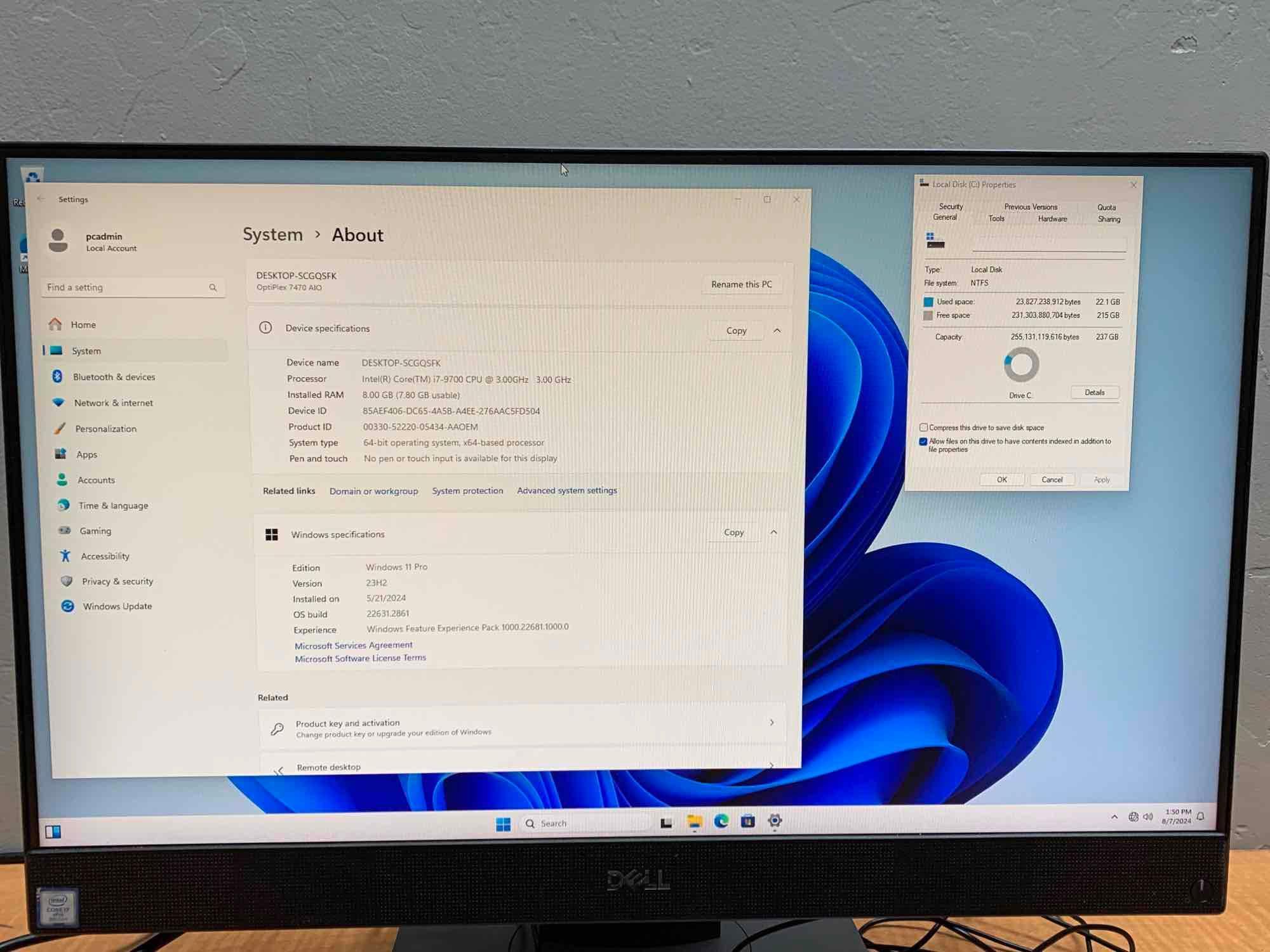Dell Optiplex 7470 23.8" LCD AIO Intel i7-9700 3.0GHz 8GB DDR4 256GB SSD Wifi Bt HDMI Win 11 Pro