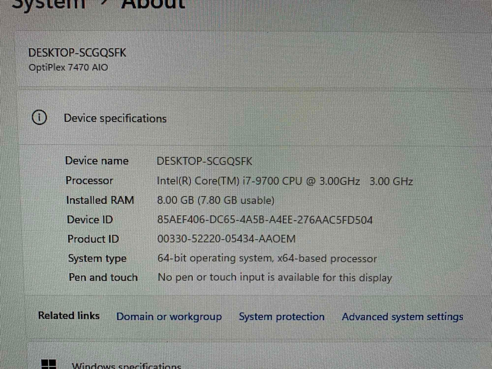 Dell Optiplex 7470 23.8" LCD AIO Intel i7-9700 3.0GHz 8GB DDR4 256GB SSD Wifi Bt HDMI Win 11 Pro