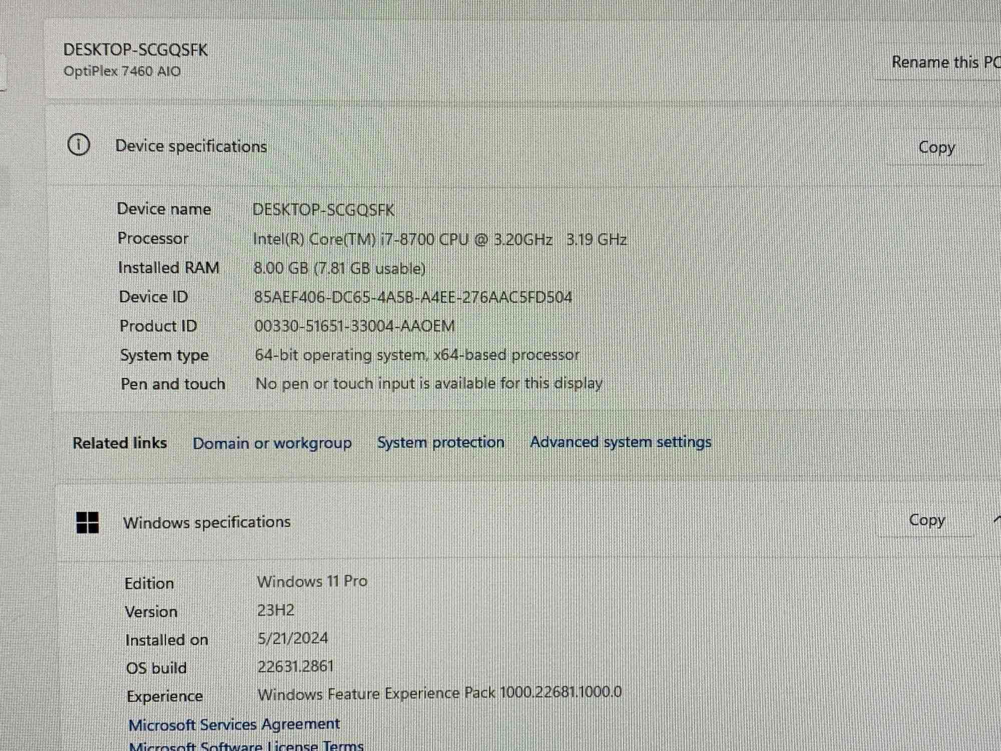 Dell Optiplex 7460 23.8" LCD AIO Intel i7-8700 3.2GHz 8GB DDR4 256GB SSD Wifi Bt HDMI Win 11