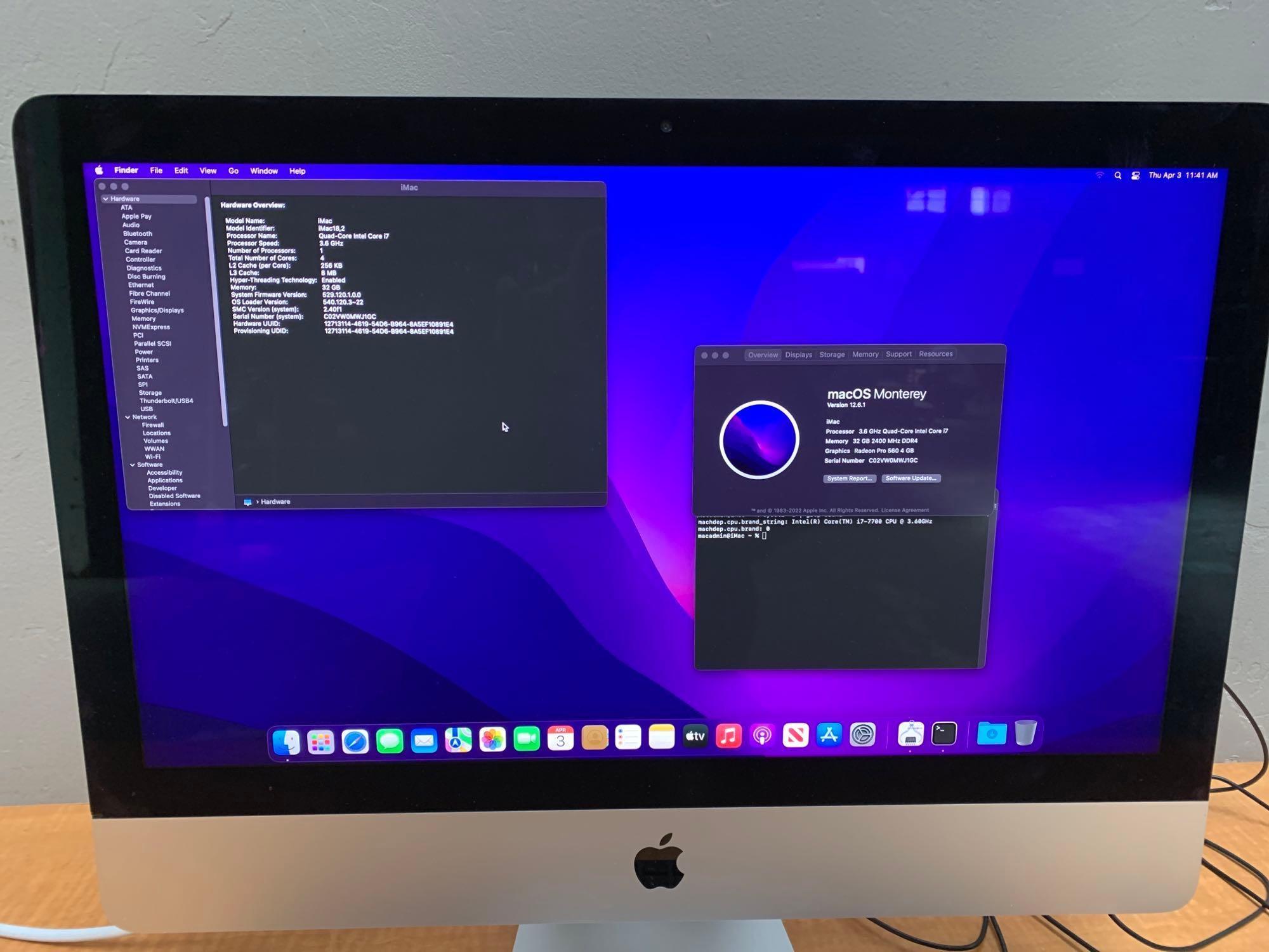 Apple iMac18,2 21.5" Retina 4k Intel i7-7700 3.6GHz 32GB DDR4 1TB Fusion AMD 4GB Monterey - 2017