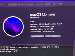 Apple iMac18,2 21.5" Retina 4k Intel i7-7700 3.6GHz 32GB DDR4 1TB Fusion AMD 4GB Monterey - 2017