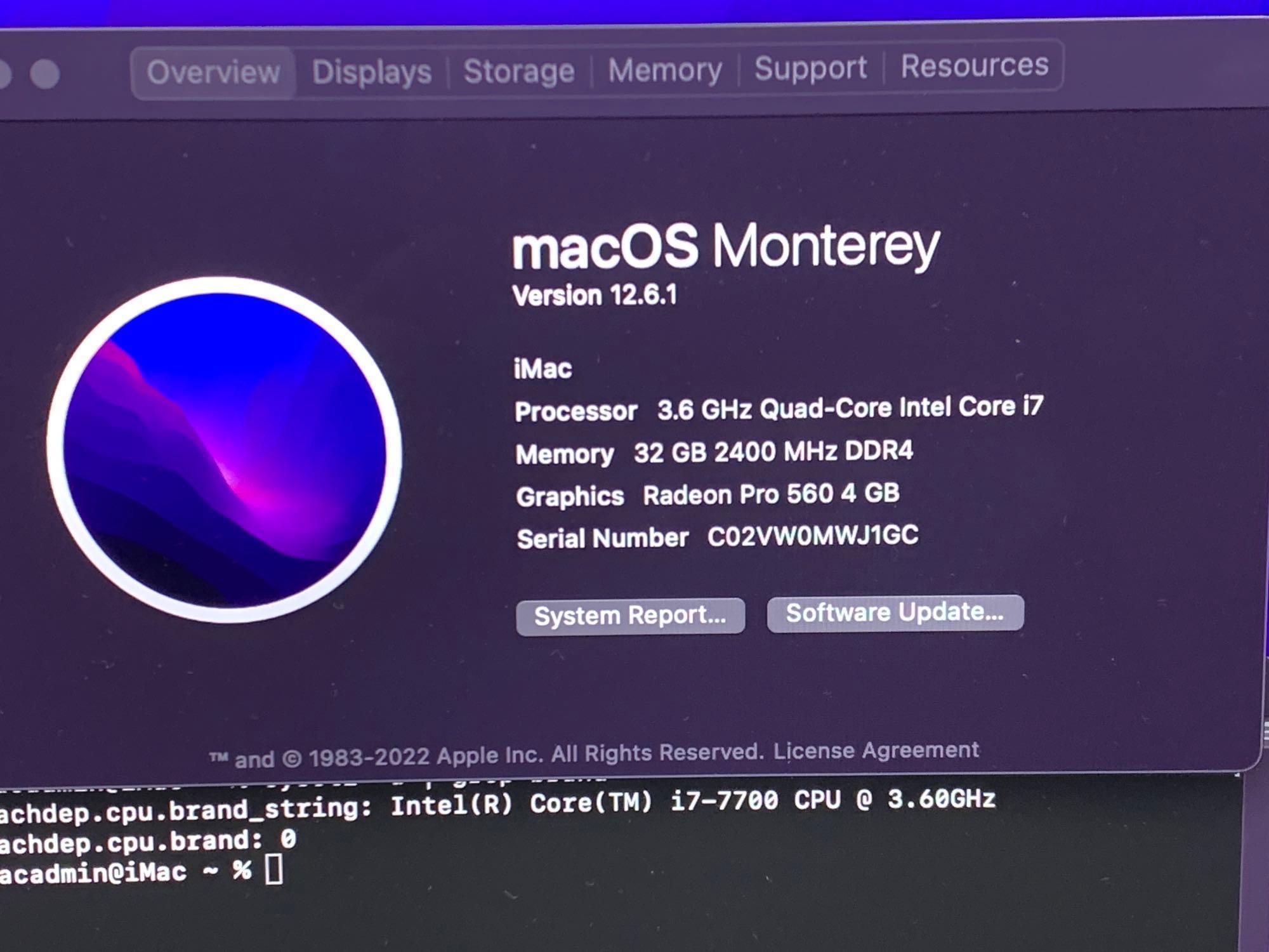 Apple iMac18,2 21.5" Retina 4k Intel i7-7700 3.6GHz 32GB DDR4 1TB Fusion AMD 4GB Monterey - 2017
