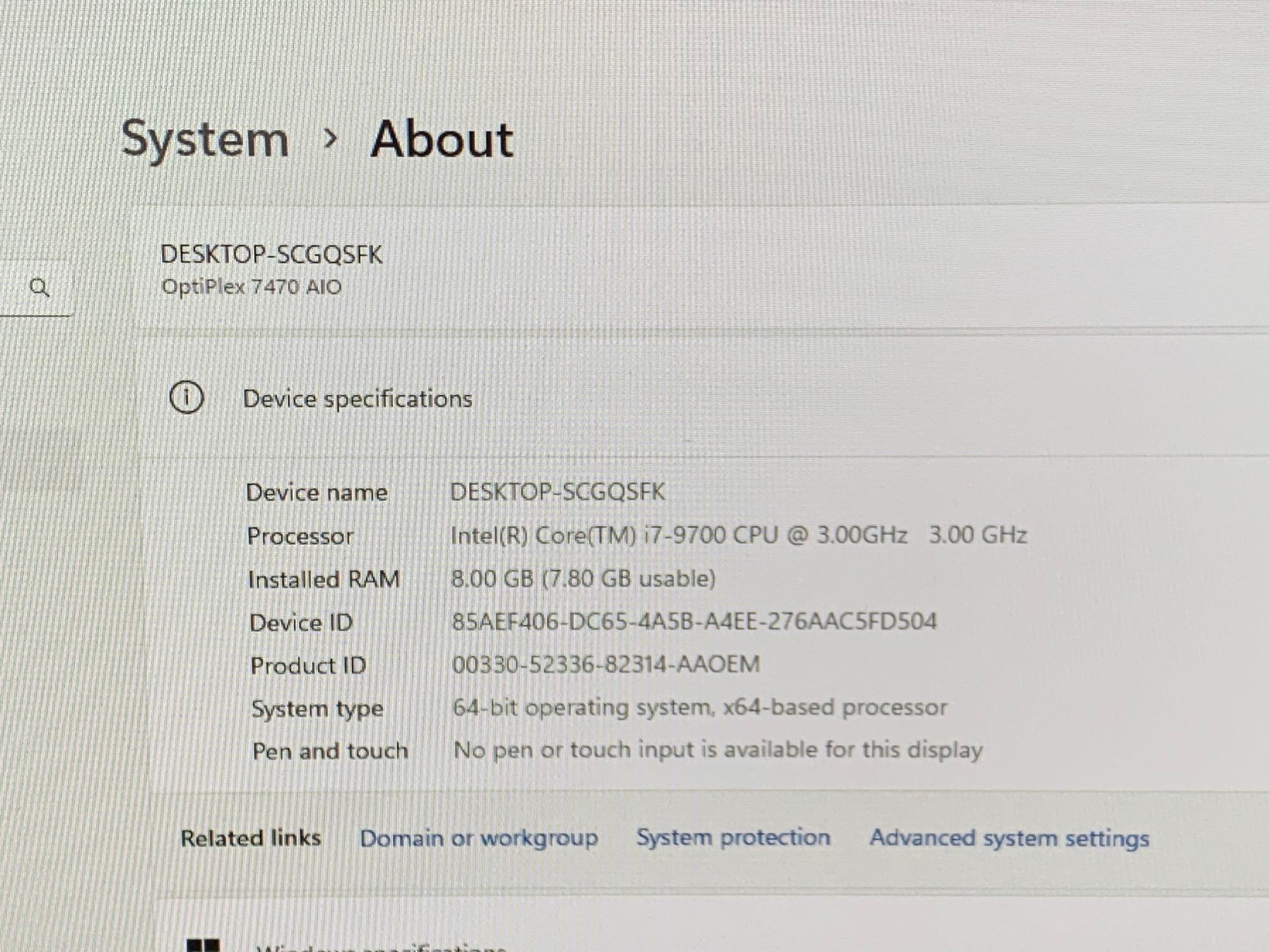 Dell Optiplex 7470 23.8" LCD AIO Intel i7-9700 3.0GHz 8GB DDR4 256GB SSD Wifi Bt HDMI Win 11