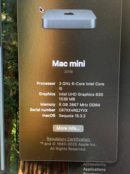Apple Macmini8,1 Intel i5-8500B 3.0GHz 6-Cores 8GB DDR4 256GB SSD Intel Video HDMI Sequoia - 2018