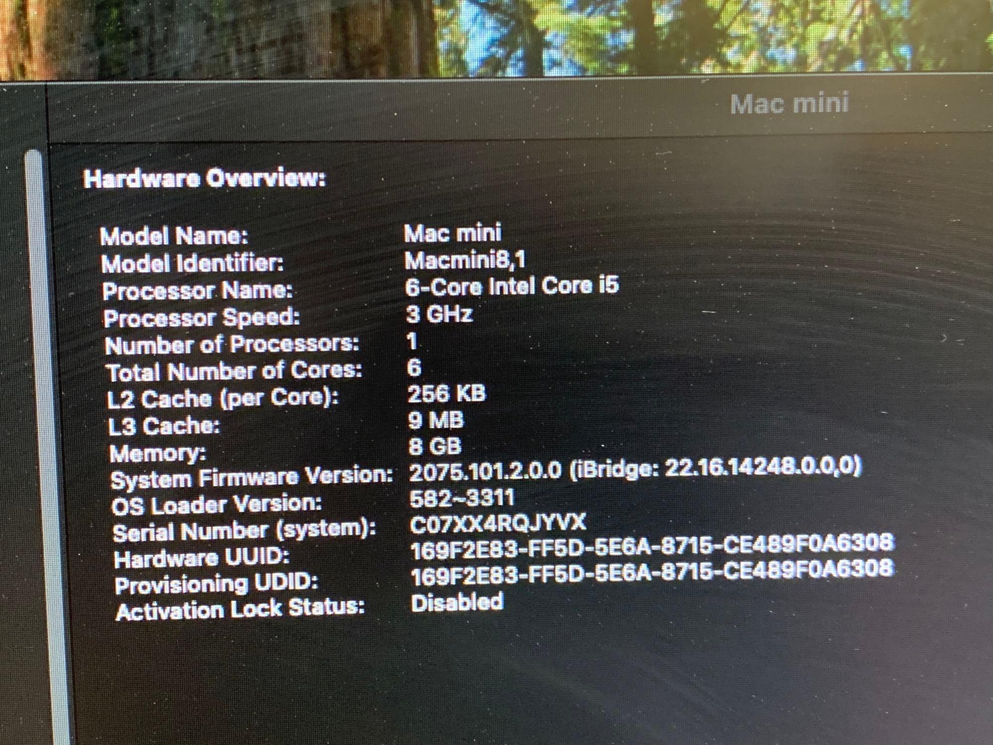 Apple Macmini8,1 Intel i5-8500B 3.0GHz 6-Cores 8GB DDR4 256GB SSD Intel Video HDMI Sequoia - 2018