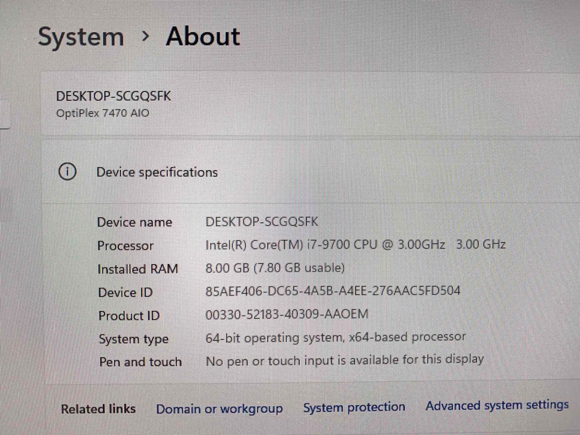 Dell Optiplex 7470 23.8" LCD AIO Intel i7-9700 3.0GHz 8GB DDR4 256GB SSD Wifi Bt HDMI Win 11