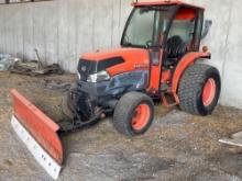 Kubota L 3940 four-wheel-drive diesel HST tractor with L2184 hydraulic angle blade showing 2354 hour