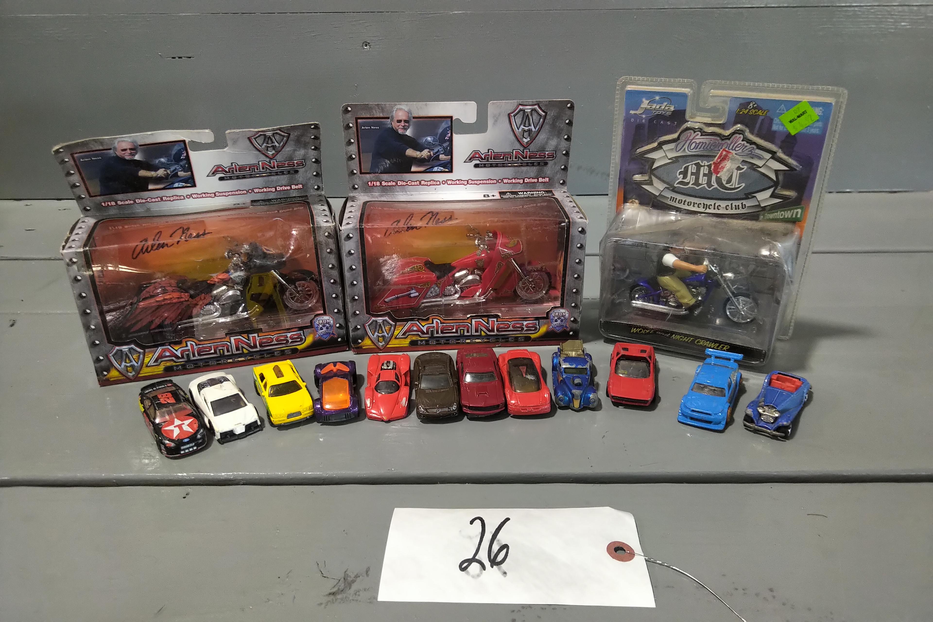 3 - 1/18 SCALE MOTORCYCLES, 6 - 1/43 SCALE HOT WHEELS CARS, 1 MATCHBOX CAR