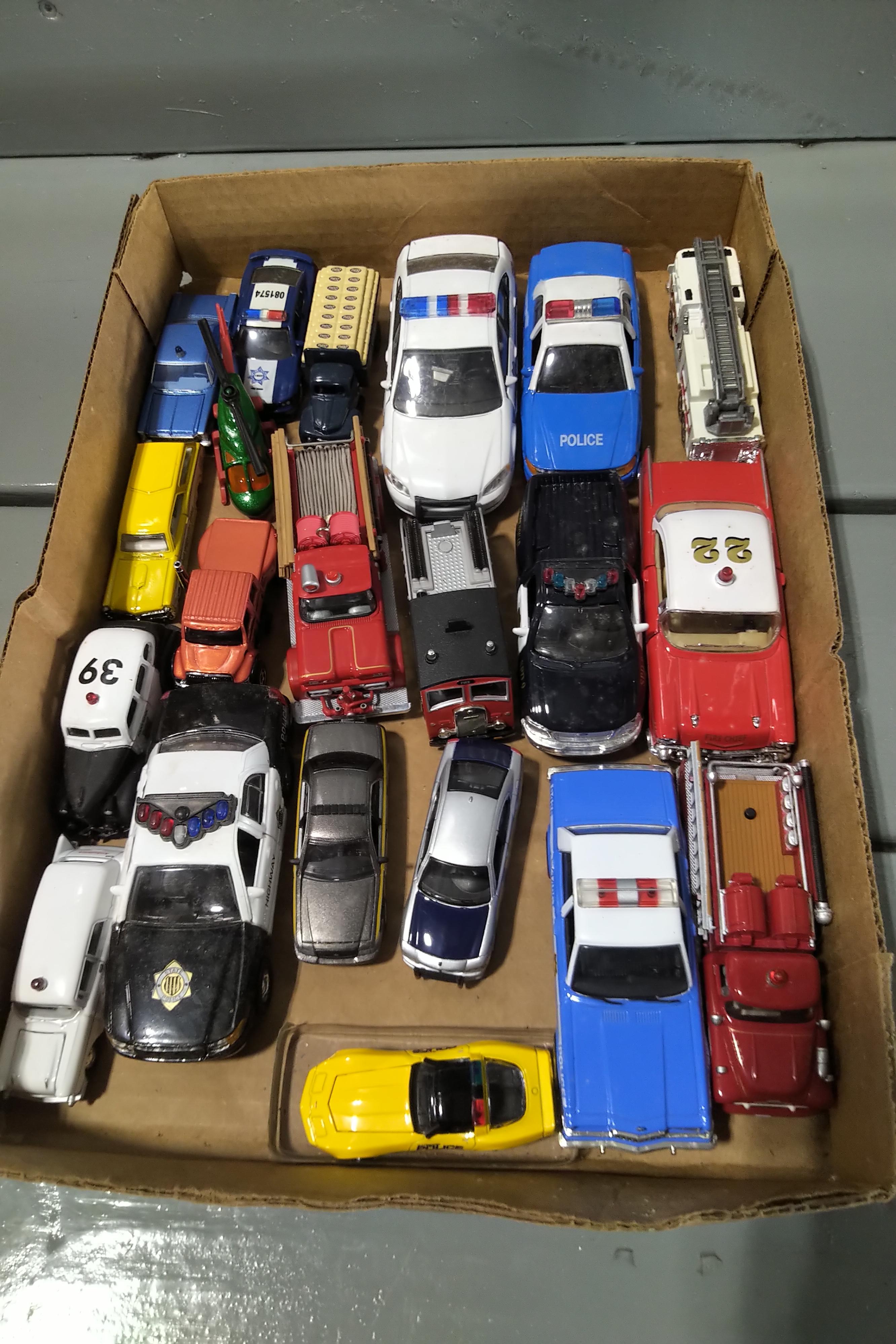 BOX OF 1/64 AND 1/32 POLICE, FIRE AND RESCUE VEHICLES