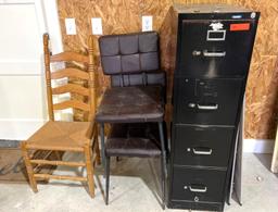 Lot of Misc. Filing Cabinet, 3 Chairs, Pegboard, Grease Pencil Board