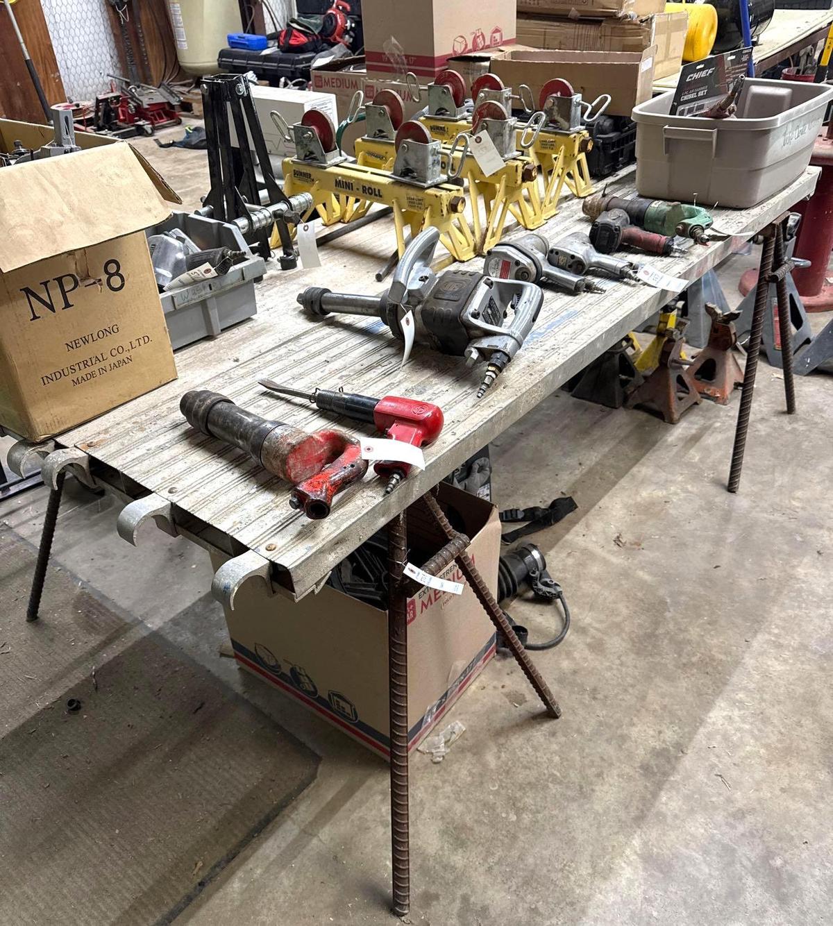 Lot of 2 Scaffolding Walk Boards and 2 Metal Saw Horses - Contents on top not included