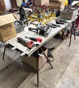 Lot of 2 Scaffolding Walk Boards and 2 Metal Saw Horses - Contents on top not included