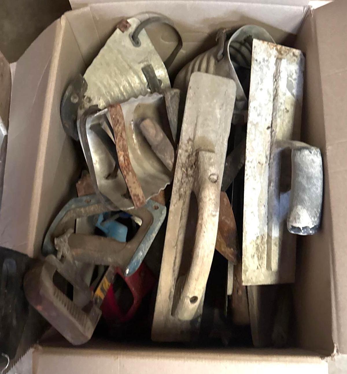 Box of Misc. Concrete Trowels, Hand Saws, etc.
