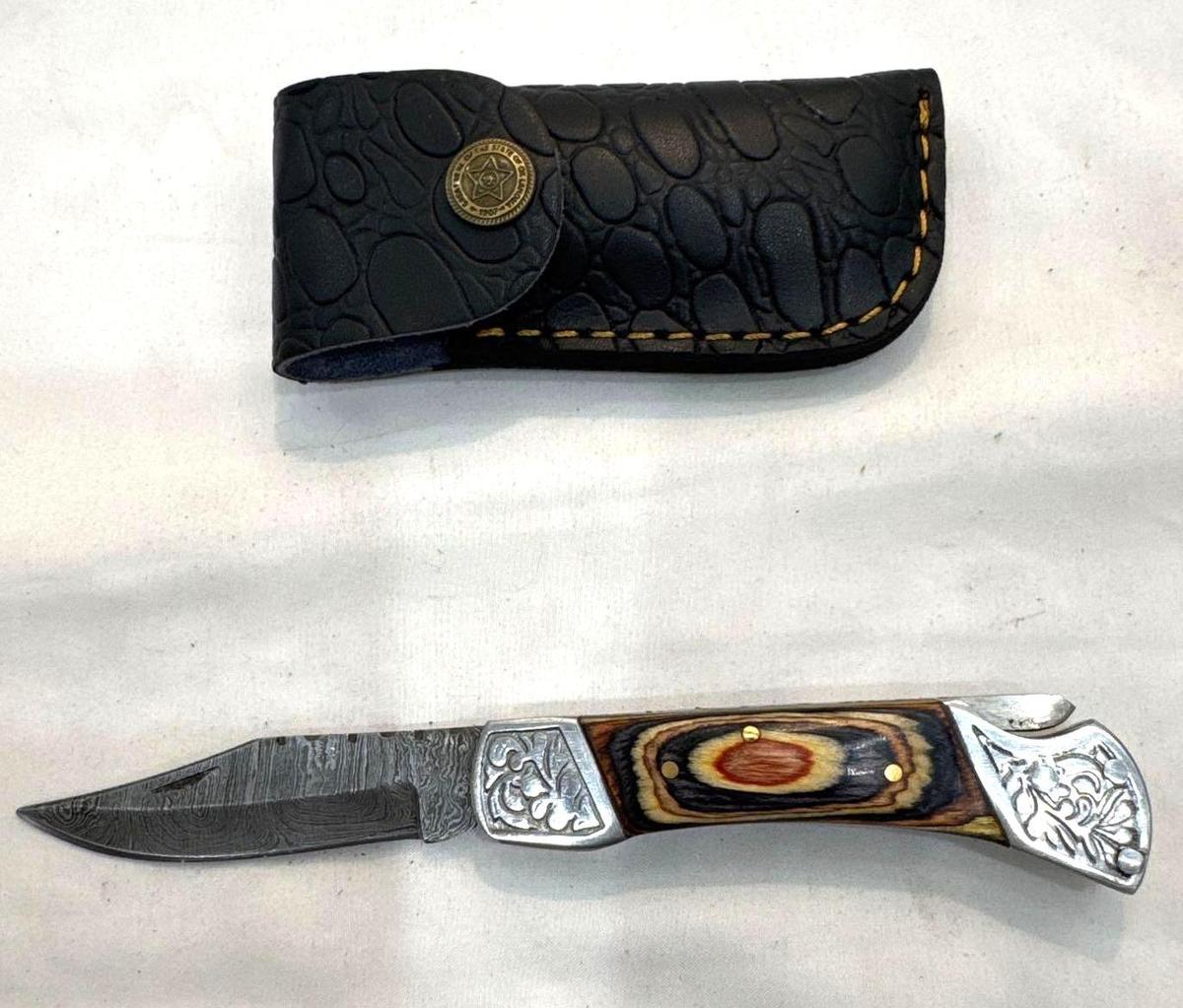 Custom Handmade Damascus Knife with Leather Scabbard