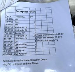 Pallet of Misc. Caterpillar Filters and John Deere Filters