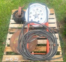 Pallet of 2 Rims, 1 Shredder Wheel, 2 Plow Discs, and Dollie
