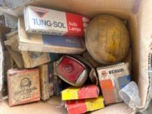 Box of Misc. Auto Parts: Muffler Clamps, Lightbulbs, etc.
