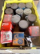 Box of Misc. Motor Oil, Transmission Fluid, Light Bulbs, Filters, etc.