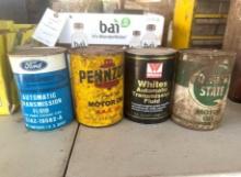 Box of Misc. Sears, STP, Pennzoil Motor Oil Cans, Ford, and Whites Automatic Transmission Fluid
