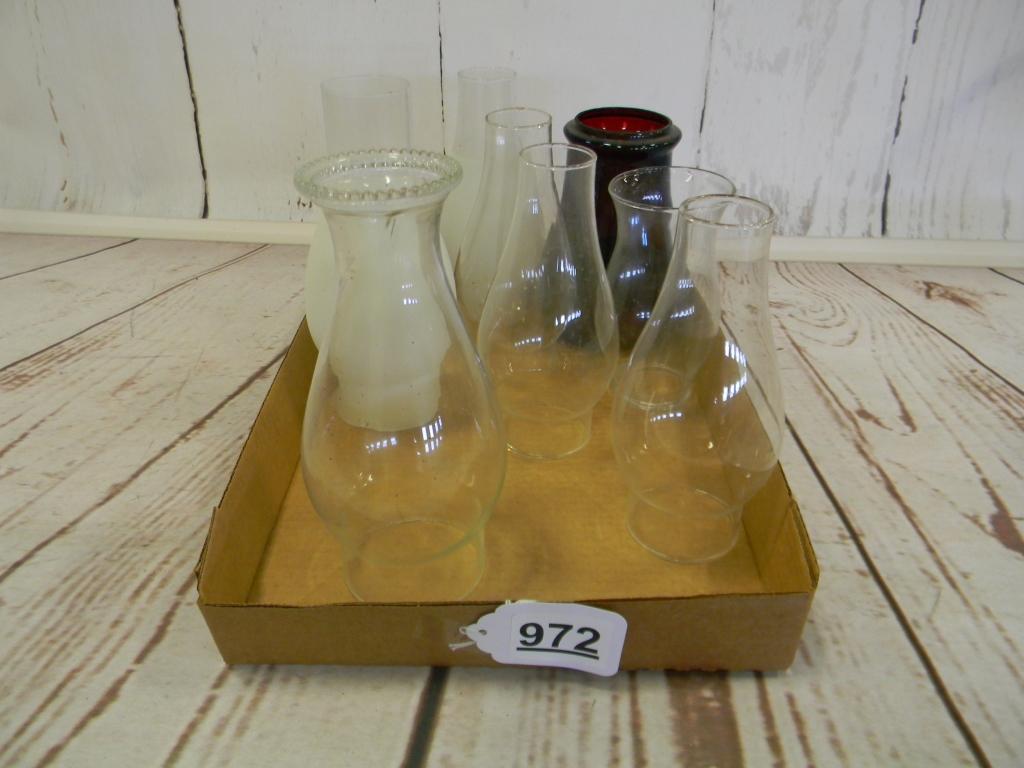FLAT OF MISC GLASS CHIMNEYS