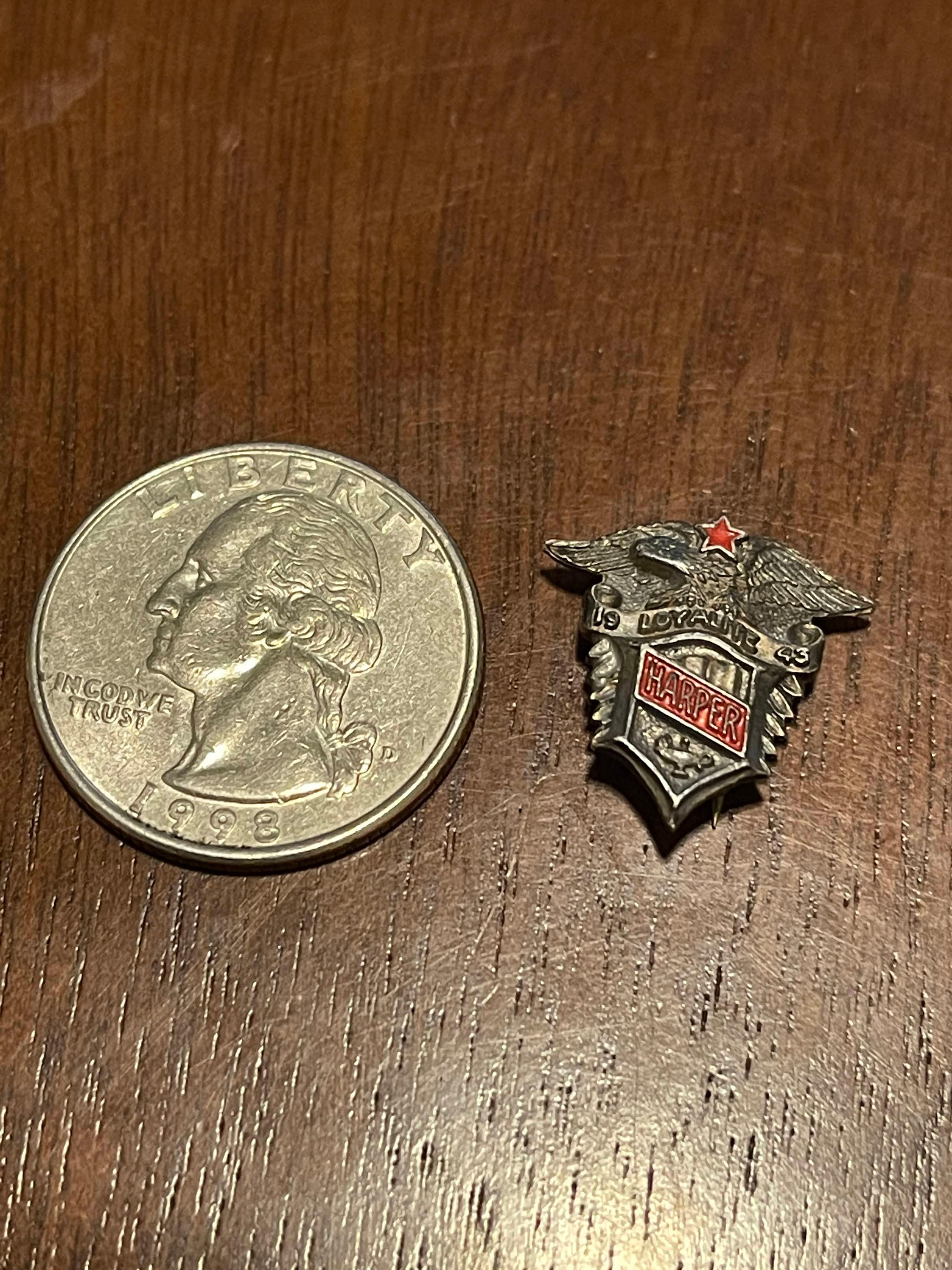 Vintage 1943 Harper Loyalite Pin Shield Red Enamel