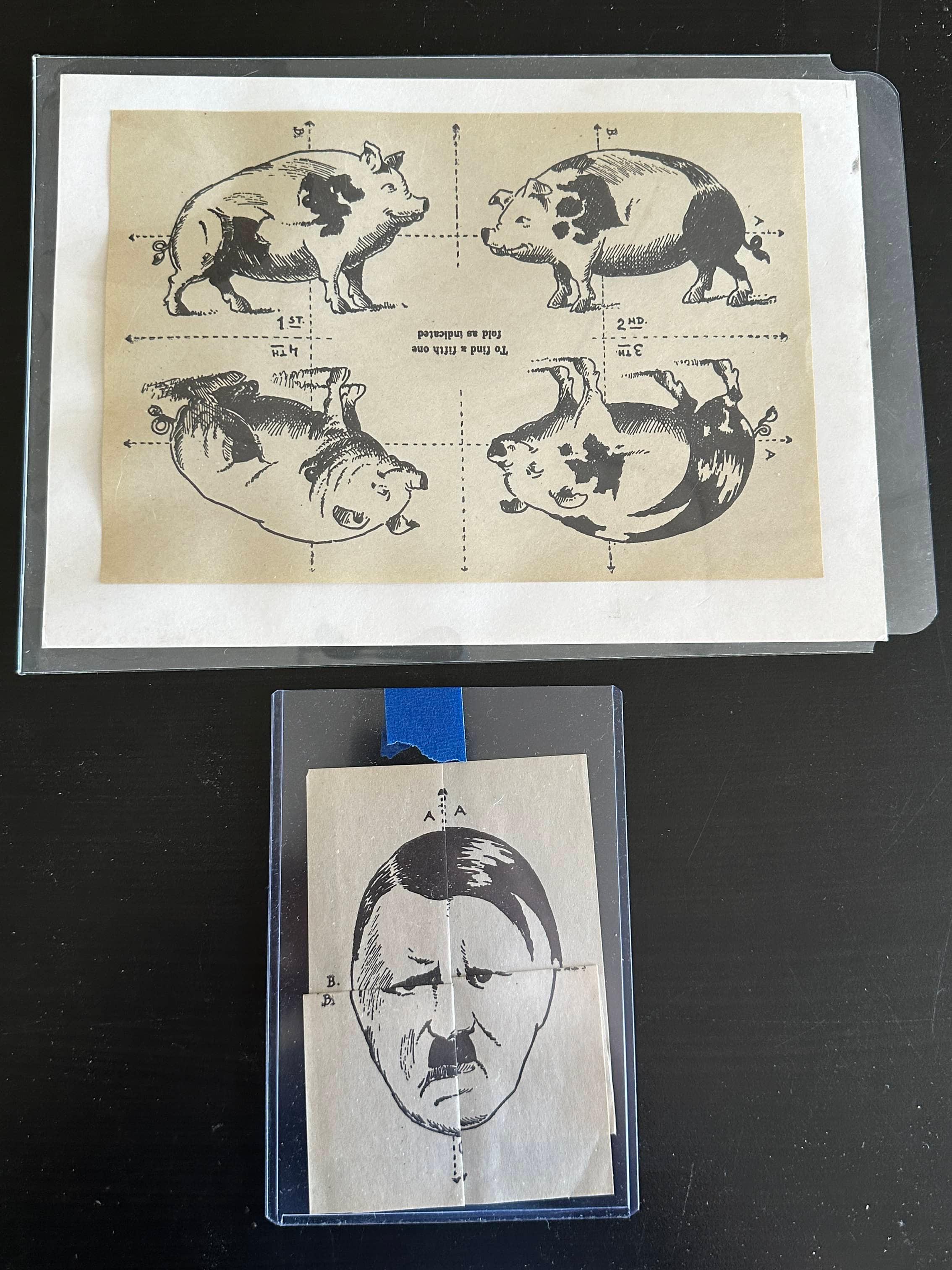 Vintage World War II Propaganda Flyer with Pigs that Fold into Hitler