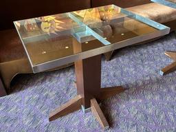 24"W x 32"D x 29"H Stainless Steel Frame Glass Top Wood Base Table