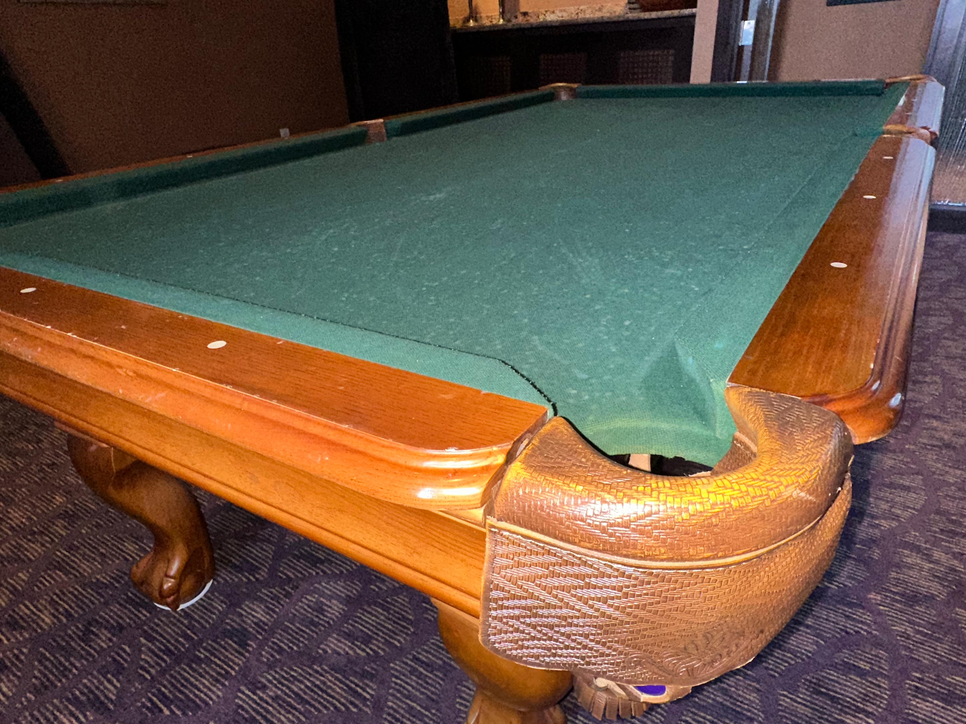 100"L x 55.5"D x 32"H Decor Solid Wood Green Felt Pool Table w/Dark Brown Leather Cover