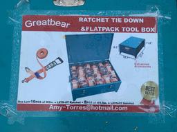 UNUSED QTY OF RATCHET TIE DOWNS AND FLATPACK TOOLBOX