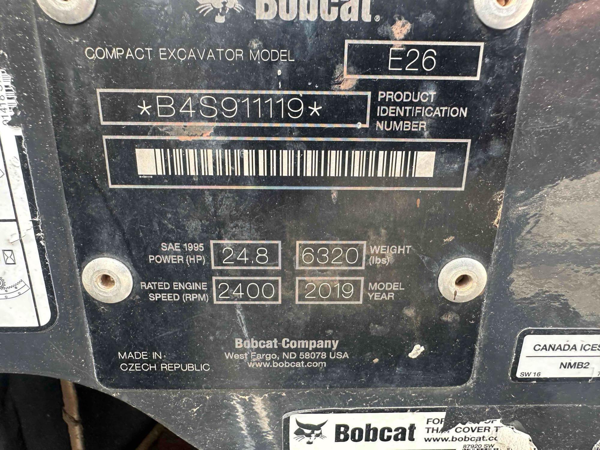 2019 BOBCAT E26 MINI EXCAVATOR