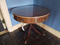 Barrel table, Mahogany, four legs, glass top, 2'9" round x 2'5" tall. Missing two casters