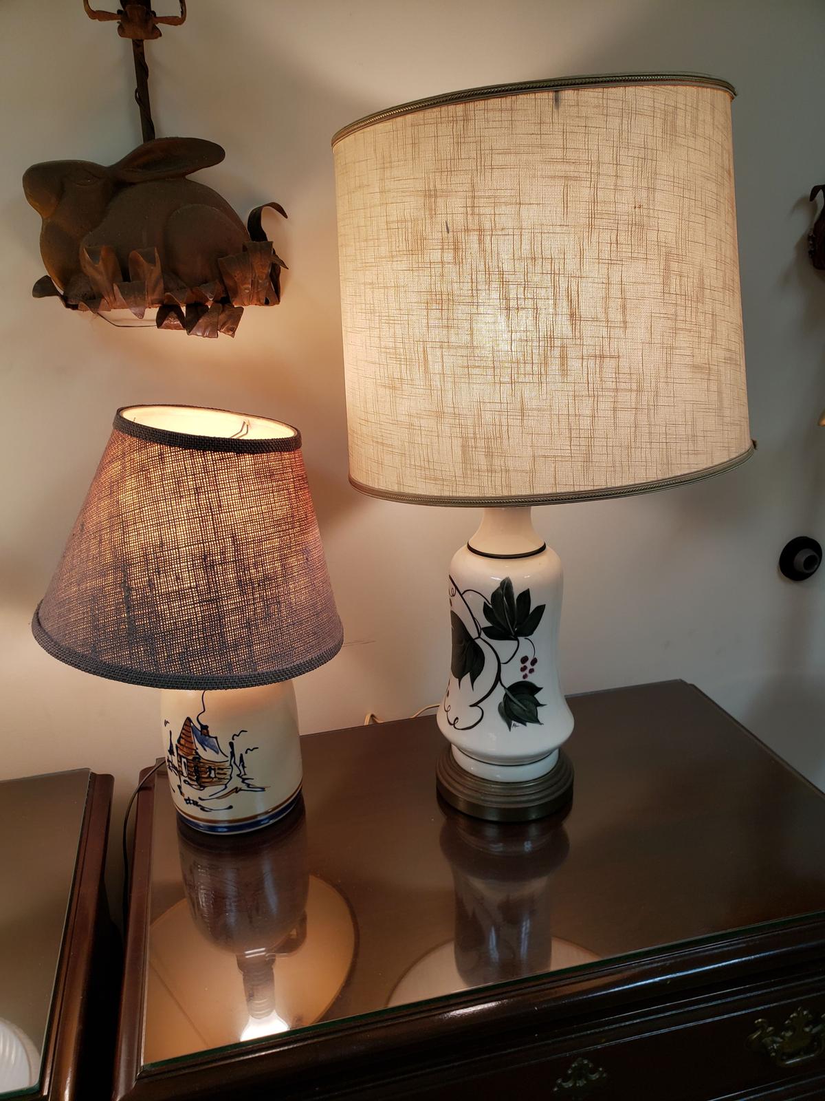 Two Porcelain Table Lamps, One Jug Style, One Vase Style with Holly Decoration