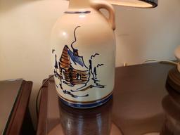 Two Porcelain Table Lamps, One Jug Style, One Vase Style with Holly Decoration