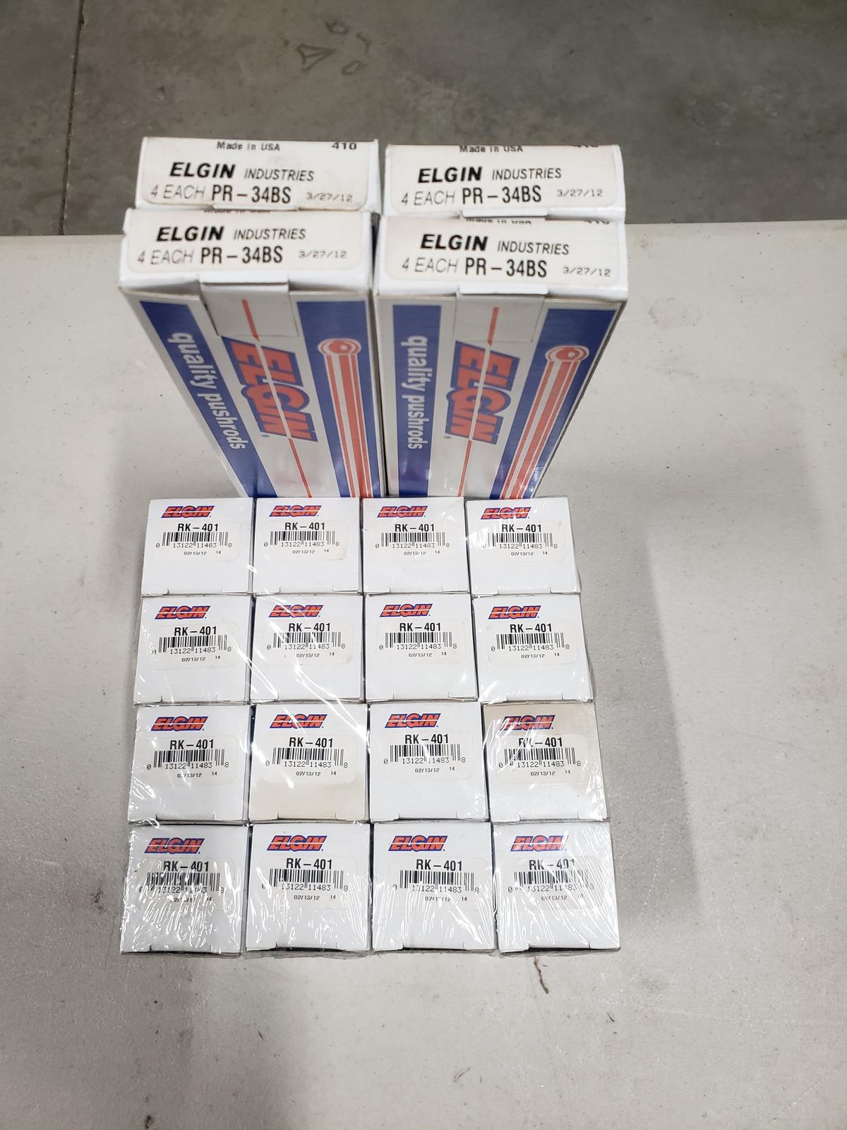 New In Box Elgin Small Block Chevrolet US Made Rocker Arm Kits RK-401 (16) & Pushrods PR-34BS (16)