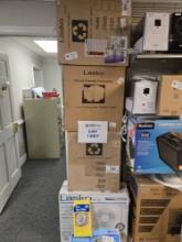 Lot of 5 Lasko Fans, Various Sizes and Styles, plus Box Fan Filters