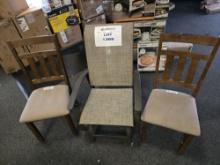 Patio Indoor/Outdoor Rocker NWT and two Wood/Upholstered Schoolhouse Chairs, 3 total
