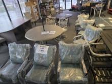 Lot of 8 Patio Armchairs, 6 with blue cushions, most still in the wrapper, Black Finish