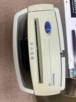 Shredder, stool, dvd player, & midi tower