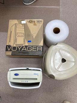 Shredder, stool, dvd player, & midi tower