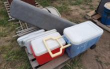 Folding Chairs, Bench, Ice Chest, and Lids