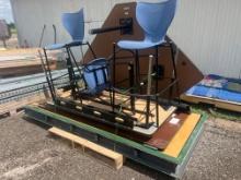 Tables, Fabricated Metal Door Frame, Wooden Interior Door, Blue High Chair Stools, & Cable Manager