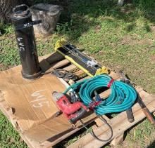 Electric "Lenco" Oven Welding Rods, Milwaukee Hammer Drill, Tile Cutter, Air Hose, And Brush Cutters