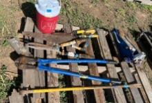 Dewalt Saw, Bolt Cutter, Crowbar, Garden Cutter, Fiscas Brush Cutters, and 1Gal. Rubbermaid Cooler