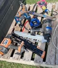 Framing Nailers, Power Invertor, Drill, Backing Pad, Lithium Battery, Saw, and Wrench
