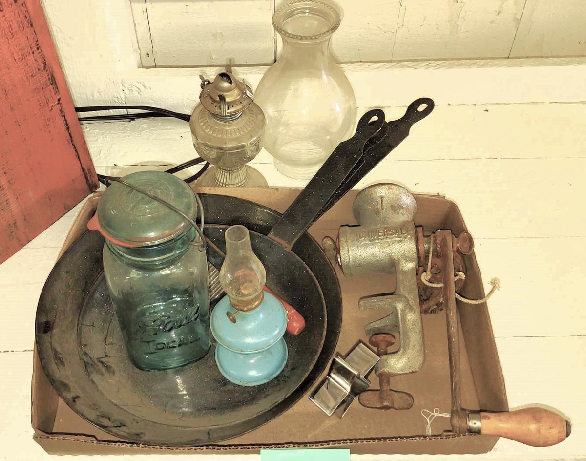 ENAMEL SKILLETS, MINI OIL LAMP, ETC. - PICK UP ONLY