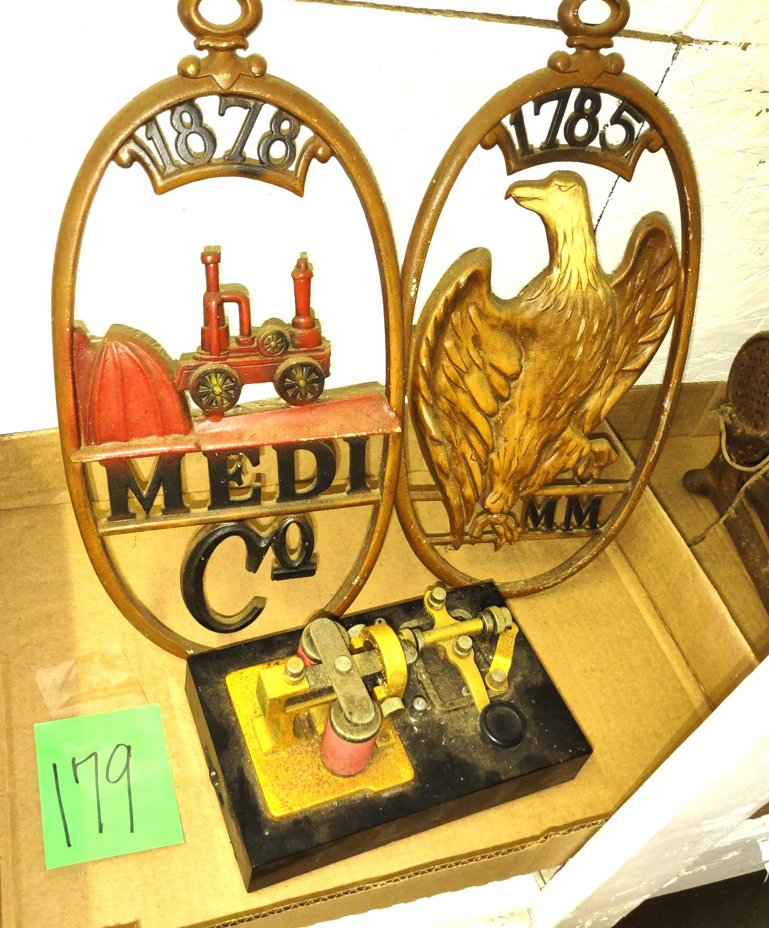 VINTAGE DECORATIVE METAL FIRE MARKER, BALD EAGLE WALL ART & TELEGRAPH MACHINE