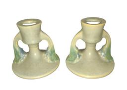 VINTAGE ROSEVILLE ART POTTERY PAIR OF TUSCANY CANDLESTICKS